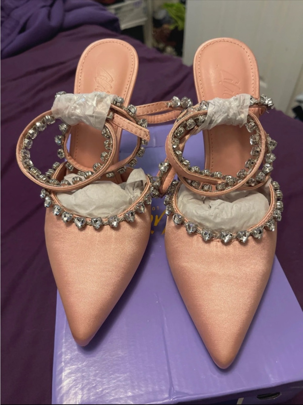 Liliana Blush Pink Satin Pointed Toe Crystal-Trim Mules